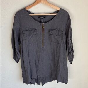 ELLEN TRACY 3/4 Sleeve Linen Lagenlook Blouse Gold zipper Trim XL